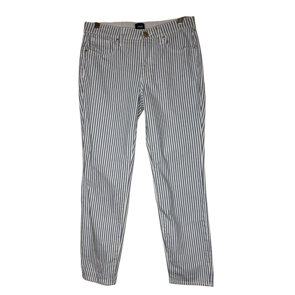 Jag Carter Girlfriend Jeans Blue & White Railroad Stripe Slim Leg Size 4 Preppy‎